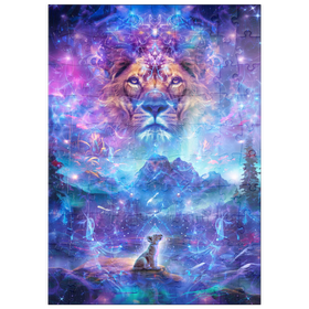 Darstellung des Puzzle Motivs Mystische Löwen-Illustration – Spirituelle Fantasiewelt mit Löwenbaby - Puzzleteile: 100