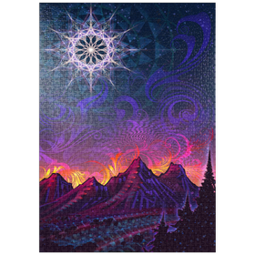 Darstellung des Puzzle Motivs Psychedelische Berglandschaft – Spirituelle Kunst mit leuchtendem Mandala - Puzzleteile: 1000
