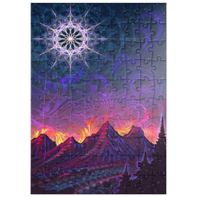 Darstellung des Puzzle Motivs Psychedelische Berglandschaft – Spirituelle Kunst mit leuchtendem Mandala - Puzzleteile: 100