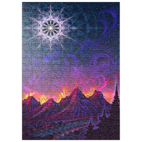 Darstellung des Puzzle-Motivs Psychedelische Berglandschaft – Spirituelle Kunst mit leuchtendem Mandala – Puzzleteile: 200