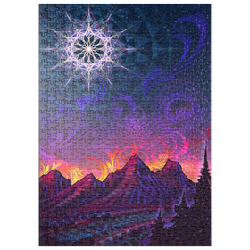 Darstellung des Puzzle Motivs Psychedelische Berglandschaft – Spirituelle Kunst mit leuchtendem Mandala - Puzzleteile: 500