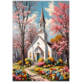 Darstellung des Puzzle-Motivs Romantische Landkirche im Frühling – Blühende Gartenidylle – Puzzleteile: 1000