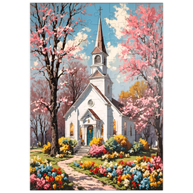 Darstellung des Puzzle Motivs Romantische Landkirche im Frühling – Blühende Gartenidylle - Puzzleteile: 100