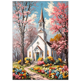 Darstellung des Puzzle-Motivs Romantische Landkirche im Frühling – Blühende Gartenidylle – Puzzleteile: 200
