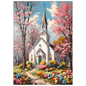 Darstellung des Puzzle Motivs Romantische Landkirche im Frühling – Blühende Gartenidylle - Puzzleteile: 500