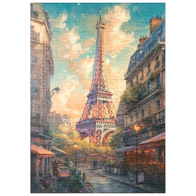 Darstellung des Puzzle-Motivs Romantische Paris-Illustration – Eiffelturm im warmen Abendlicht – Puzzleteile: 200