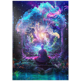 Darstellung des Puzzle-Motivs Spirituelle Fantasie-Illustration – Mönch meditiert vor leuchtendem Baum – Puzzleteile: 1000