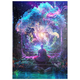 Darstellung des Puzzle Motivs Spirituelle Fantasie-Illustration – Mönch meditiert vor leuchtendem Baum - Puzzleteile: 100