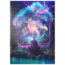 Darstellung des Puzzle-Motivs Spirituelle Fantasie-Illustration – Mönch meditiert vor leuchtendem Baum – Puzzleteile: 200