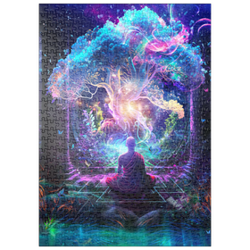 Darstellung des Puzzle Motivs Spirituelle Fantasie-Illustration – Mönch meditiert vor leuchtendem Baum - Puzzleteile: 500