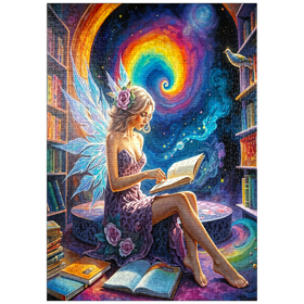 Darstellung des Puzzle-Motivs Magische Feen-Illustration – Lesende Fee in einer mystischen Bibliothek – Puzzleteile: 1000