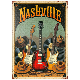 Darstellung des Puzzle-Motivs Vintage Nashville-Musikposter – Gitarren, Schallplatten & Westernhüte – Puzzleteile: 1000