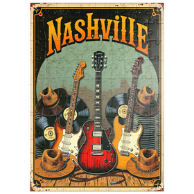 Darstellung des Puzzle Motivs Vintage Nashville-Musikposter – Gitarren, Schallplatten & Westernhüte - Puzzleteile: 100