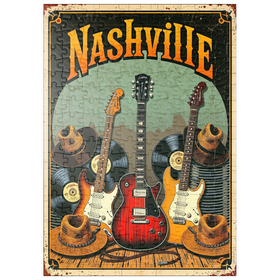 Darstellung des Puzzle-Motivs Vintage Nashville-Musikposter – Gitarren, Schallplatten & Westernhüte – Puzzleteile: 200