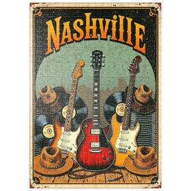 Darstellung des Puzzle-Motivs Vintage Nashville-Musikposter – Gitarren, Schallplatten & Westernhüte – Puzzleteile: 500