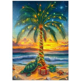 Darstellung des Puzzle-Motivs Tropische Weihnachtsillustration – Palme mit Lichtern am Strand – Puzzleteile: 1000
