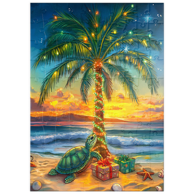 Darstellung des Puzzle Motivs Tropische Weihnachtsillustration – Palme mit Lichtern am Strand - Puzzleteile: 100