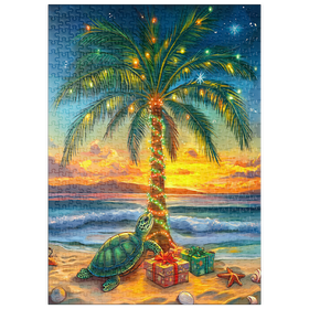 Darstellung des Puzzle Motivs Tropische Weihnachtsillustration – Palme mit Lichtern am Strand - Puzzleteile: 500
