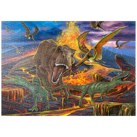 Darstellung des Puzzle Motivs Dramatische Dinosaurier-Szene – T-Rex und Raptoren vor Vulkaneruption - Puzzleteile: 1000
