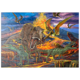 Darstellung des Puzzle Motivs Dramatische Dinosaurier-Szene – T-Rex und Raptoren vor Vulkaneruption - Puzzleteile: 100