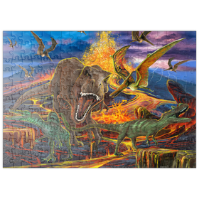 Darstellung des Puzzle Motivs Dramatische Dinosaurier-Szene – T-Rex und Raptoren vor Vulkaneruption - Puzzleteile: 200