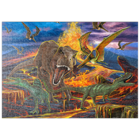 Darstellung des Puzzle-Motivs Dramatische Dinosaurier-Szene – T-Rex und Raptoren vor Vulkaneruption – Puzzleteile: 500