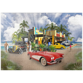 Darstellung des Puzzle Motivs Retro-Strandszene – Klassische Oldtimer und Surfer am Beach Diner - Puzzleteile: 1000