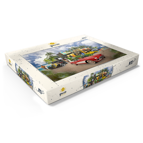 Darstellung des Puzzle Motivs Retro-Strandszene – Klassische Oldtimer und Surfer am Beach Diner - Puzzleteile: 100