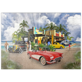 Darstellung des Puzzle Motivs Retro-Strandszene – Klassische Oldtimer und Surfer am Beach Diner - Puzzleteile: 100