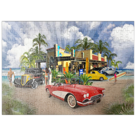 Darstellung des Puzzle-Motivs Retro-Strandszene – Klassische Oldtimer und Surfer am Beach Diner – Puzzleteile: 200