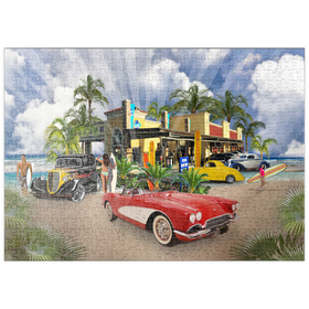 Darstellung des Puzzle Motivs Retro-Strandszene – Klassische Oldtimer und Surfer am Beach Diner - Puzzleteile: 500