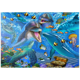 Darstellung des Puzzle Motivs Farbenfrohe Unterwasserwelt – Delfine, Meeresschildkröten & tropische Fische - Puzzleteile: 1000