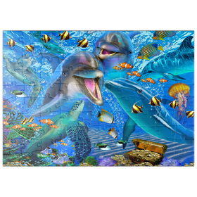 Darstellung des Puzzle Motivs Farbenfrohe Unterwasserwelt – Delfine, Meeresschildkröten & tropische Fische - Puzzleteile: 100