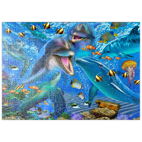 Darstellung des Puzzle Motivs Farbenfrohe Unterwasserwelt – Delfine, Meeresschildkröten & tropische Fische - Puzzleteile: 200