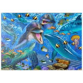 Darstellung des Puzzle Motivs Farbenfrohe Unterwasserwelt – Delfine, Meeresschildkröten & tropische Fische - Puzzleteile: 500