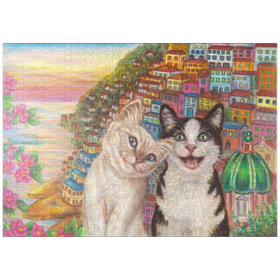 Darstellung des Puzzle Motivs Fröhliche Katzen in mediterraner Küstenstadt – Farbenfrohe Illustration - Puzzleteile: 1000