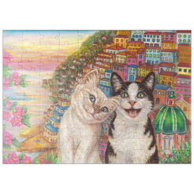 Darstellung des Puzzle Motivs Fröhliche Katzen in mediterraner Küstenstadt – Farbenfrohe Illustration - Puzzleteile: 100