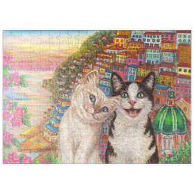 Darstellung des Puzzle Motivs Fröhliche Katzen in mediterraner Küstenstadt – Farbenfrohe Illustration - Puzzleteile: 200