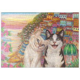 Darstellung des Puzzle Motivs Fröhliche Katzen in mediterraner Küstenstadt – Farbenfrohe Illustration - Puzzleteile: 500