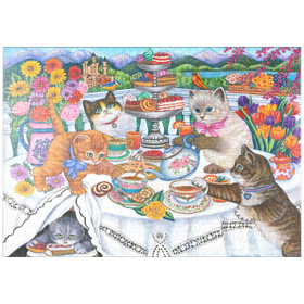 Darstellung des Puzzle Motivs Verspielte Katzen-Teeparty – Farbenfrohe Illustration mit Schlosskulisse - Puzzleteile: 1000