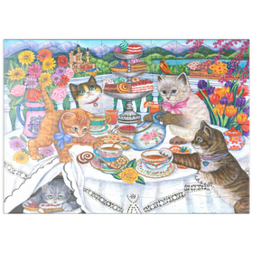 Darstellung des Puzzle Motivs Verspielte Katzen-Teeparty – Farbenfrohe Illustration mit Schlosskulisse - Puzzleteile: 100