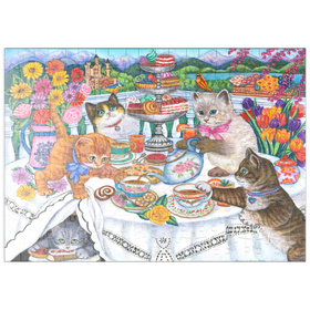 Darstellung des Puzzle-Motivs Verspielte Katzen-Teeparty – Farbenfrohe Illustration mit Schlosskulisse – Puzzleteile: 200