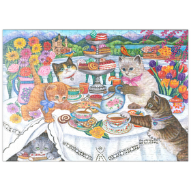 Darstellung des Puzzle Motivs Verspielte Katzen-Teeparty – Farbenfrohe Illustration mit Schlosskulisse - Puzzleteile: 500