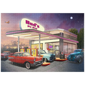 Darstellung des Puzzle Motivs Retro-Tankstelle mit Oldtimern – Nostalgische 50er-Jahre Szene - Puzzleteile: 1000