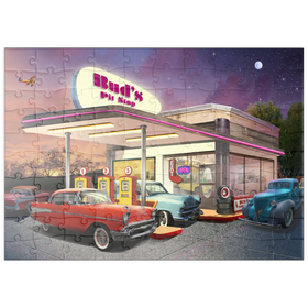 Darstellung des Puzzle Motivs Retro-Tankstelle mit Oldtimern – Nostalgische 50er-Jahre Szene - Puzzleteile: 100