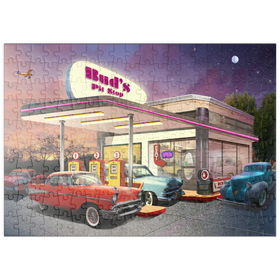 Darstellung des Puzzle-Motivs Retro-Tankstelle mit Oldtimern – Nostalgische 50er-Jahre Szene – Puzzleteile: 200