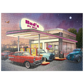 Darstellung des Puzzle Motivs Retro-Tankstelle mit Oldtimern – Nostalgische 50er-Jahre Szene - Puzzleteile: 500