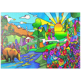 Darstellung des Puzzle-Motivs Psychedelische Naturillustration – Farbenfrohe Fantasielandschaft mit Tieren – Puzzleteile: 1000