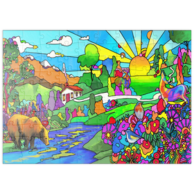 Darstellung des Puzzle Motivs Psychedelische Naturillustration – Farbenfrohe Fantasielandschaft mit Tieren - Puzzleteile: 100