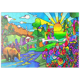 Darstellung des Puzzle-Motivs Psychedelische Naturillustration – Farbenfrohe Fantasielandschaft mit Tieren – Puzzleteile: 200